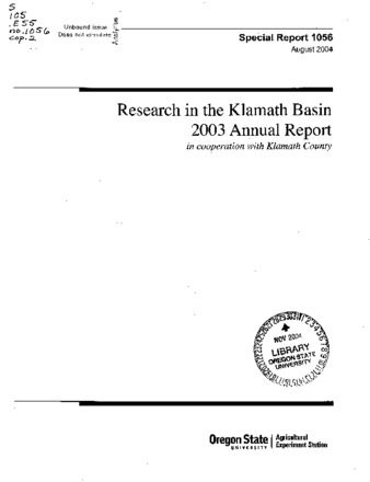 Research in the Klamath Basin : 2003 annual report, in cooperation with Klamath County thumbnail