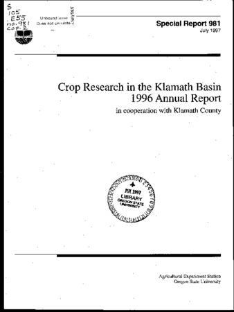 Crop research in the Klamath Basin, 1996 annual report : in cooperation with Klamath County thumbnail