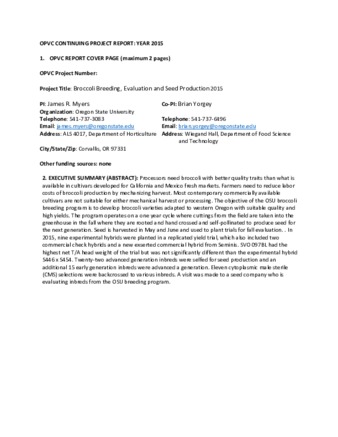Broccoli Breeding, Evaluation and Seed Production 2015 : Oregon Processed Vegetable Commission Continuing Project Report thumbnail