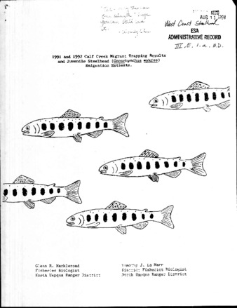 1991 and 1992 Calf Creek migrant trapping results and juvenile steelhead (Oncorhynchus mykiss) emigration estimate thumbnail