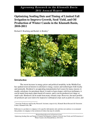 Optimizing Seeding Date and Timing of Limited Fall Irrigation to Improve Growth, Seed Yield, and Oil Production of Winter Canola in the Klamath Basin, 2010-2011 thumbnail