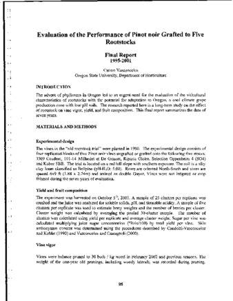 Evaluation of the Performance of Pinot noir Grafted to Five Rootstocks: Final Report 1995-2001 thumbnail