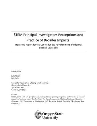 STEM Principal Investigators Perceptions and Practice of Broader Impacts:  Front-end report for the Center for the Advancement of Informal Science Education thumbnail