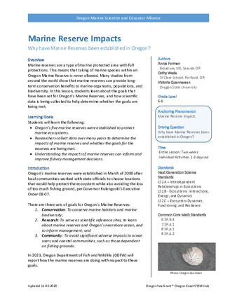 Marine reserve impacts : why have marine reserves been established in Oregon? thumbnail