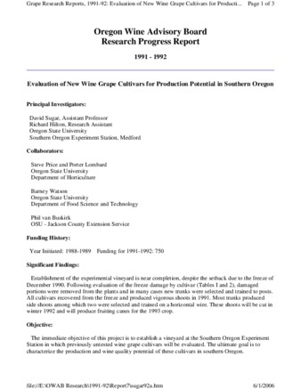 Evaluation of New Wine Grape Cultivars for Production Potential in Southern Oregon [1991-1992] thumbnail