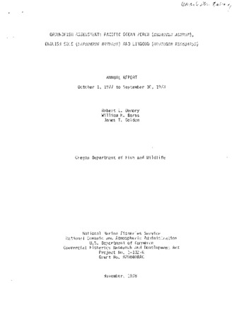Groundfish assessment: Pacific Ocean perch (Sebastes alutus), English sole (Parophrys retulus)  and lingcod (Ophiodon elongatus):  Annual report:  October 1, 1977 to September 30, 1978 miniatura