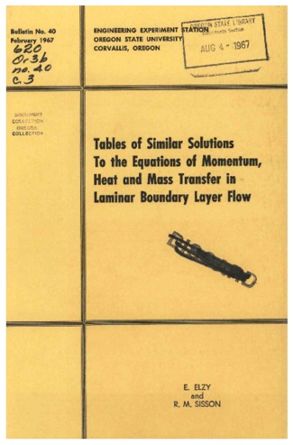Tables of similar solutions to the equations of momentum, heat, and mass transfer in laminar boundary layer flow thumbnail