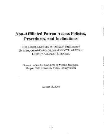 Non-Affiliated Patron Access Policies, Procedures, and Inclinations : Results of a Survey of Oregon University System, Orbis-Cascade, and Greater Western Library Alliance Libraries thumbnail