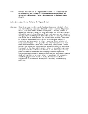 Critical Assessment of Impact of Government Initiatives for development and Conservation of fishery Resource and its Cumulative Effects on Fishery Management in Gujarat State (India) miniatura