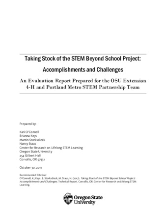 Taking Stock of the STEM Beyond School Project: Accomplishments and Challenges: An Evaluation Report Prepared for the OSU Extension 4-H and Portland Metro STEM Partnership Team thumbnail