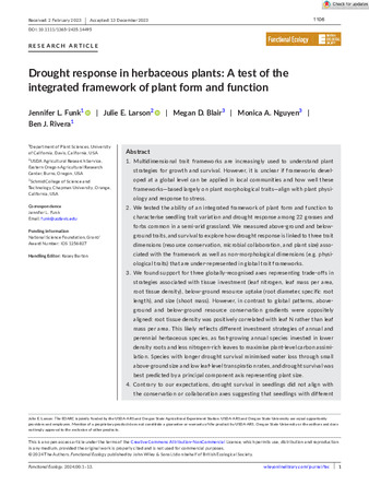 Drought response in herbaceous plants: A test of the integrated framework of plant form and function 缩图