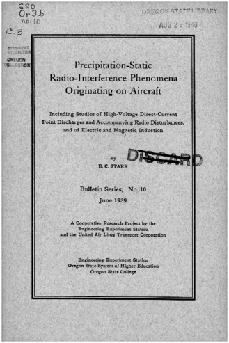 Precipitation-static radio-interference phenomena originating on aircraft, including studies of high-voltage direct-current point discharges and accompanying radio disturbances, and of electric and magnetic induction thumbnail