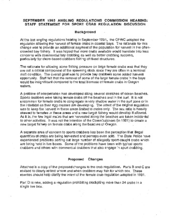 September 1993 Angling Regulations Commission hearing:  staff statement for sport crab regulation discussion thumbnail