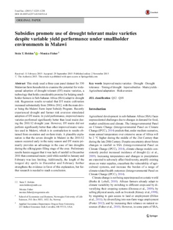 Subsidies promote use of drought tolerant maize varieties despite variable yield performance under smallholder environments in Malawi thumbnail