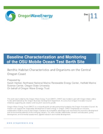 Baseline Characterization and Monitoring of the OSU Mobile Ocean Test Berth Site: Benthic Habitat Characteristics and Organisms on the Central Oregon Coast Miniatura