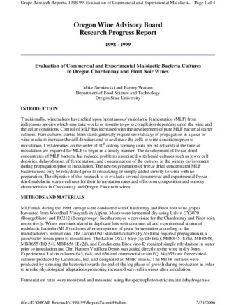 Evaluation of Commercial and Experimental Malolactic Bacteria Cultures in Oregon Chardonnay and Pinot Noir Wines 1998-1999 thumbnail
