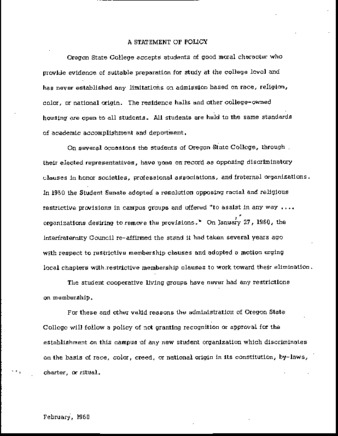 Non-discrimination policy for student organizations at Oregon State College, 1960 thumbnail