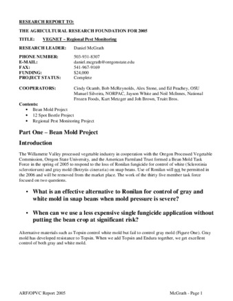 Vegnet regional pest monitoring: Research report to the Agricultural Research Foundation, 2005 thumbnail