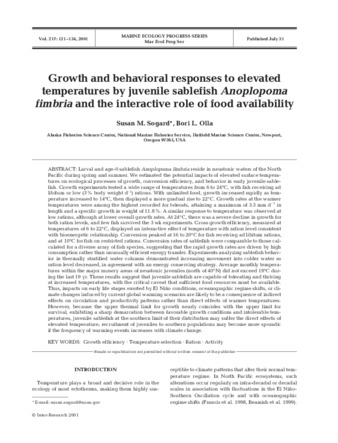Growth and behavioral responses to elevated temperatures by juvenile sablefish Anoplopoma fimbria and the interactive role of food availability thumbnail