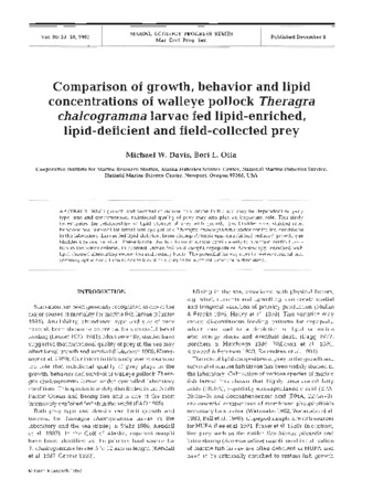 Comparison of growth, behavior and lipid concentrations of walleye pollock Theragra chalcogramma larvae fed lipid-enriched, lipid-deficient and field-collected prey thumbnail