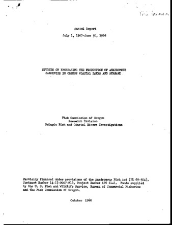 Studies on increasing the production of anadromous salmonids in Oregon coast lakes and streams : annual report July 1, 1967 - June 30, 1968 Miniaturansicht