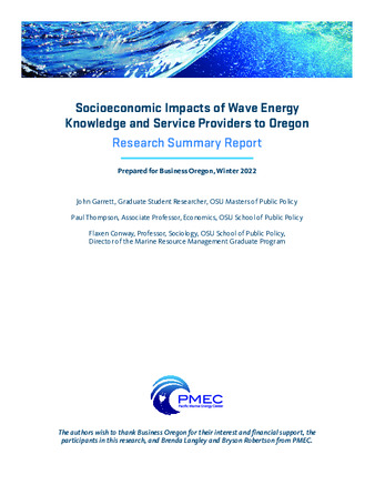 Socioeconomic Impacts of Wave Energy Knowledge and Service Providers to Oregon : Research Summary Report thumbnail