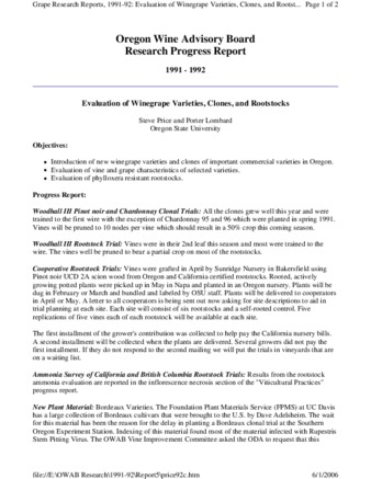 Evaluation of Winegrape Varieties, Clones, and Rootstocks : 1991-1992 thumbnail