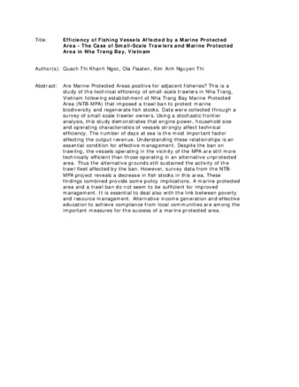 Efficiency of Fishing Vessels Affected by a Marine Protected Area - The Case of Small-Scale Trawlers and Marine Protected Area in Nha Trang Bay, Vietnam thumbnail