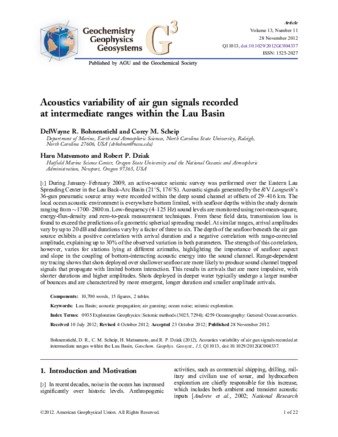 Acoustics variability of air gun signals recorded at intermediate ranges within the Lau Basin thumbnail