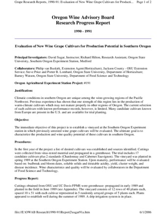 Evaluation of New Wine Grape Cultivars for Production Potential in Southern Oregon [1990-1991] thumbnail