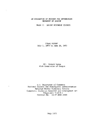 An evaluation of methods for determining movement of shrimp.  Phase I:  shrimp movement studies. Final report:  July 1, 1970 to June 30, 1971. Miniaturansicht