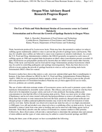 The Use of Nisin and Nisin Resistant Strains of Leuconostoc oenos to Control Malolactic Fermentation and to Prevent the Growth of Spoilage Organisms in Oregon Wines [1993-1994] thumbnail