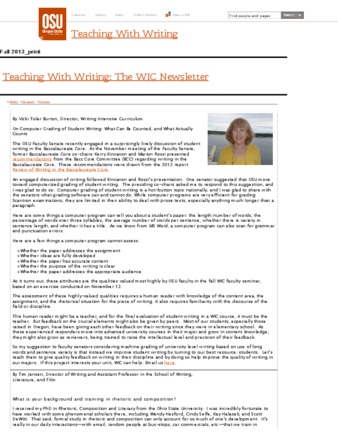 Teaching With Writing: The WIC Newsletter (Fall 2013) thumbnail