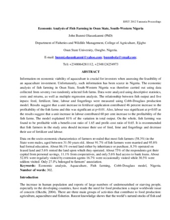 Economic Analysis of Fish Farming in Osun State, South-Western Nigeria thumbnail