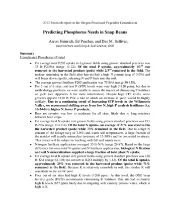 Predicting Phosphorus Needs in Snap Beans : 2013 Research report to the Oregon Processed Vegetable Commission la vignette
