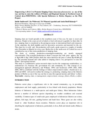 Empowering A-B-G-C to Promote Simping Clam (Amusium pleuronectes) as one of the way out line to raise the welfare of Fishers and Regional Income in Northern-Coast of Central Java-INDONESIA: with Special Reference to Brebes Regency as the Pilot Project miniatura