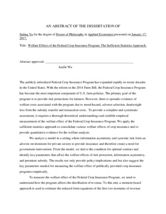 Welfare Effects of the Federal Crop Insurance Program : The Sufficient Statistics Approach thumbnail