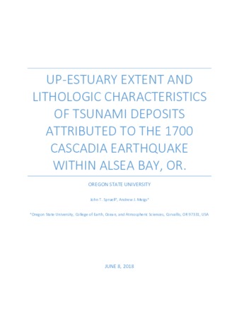 Up-estuary extent and lithologic characteristics of tsunami deposits attributed to the 1700 Cascadia earthquake within Alsea Bay, OR thumbnail